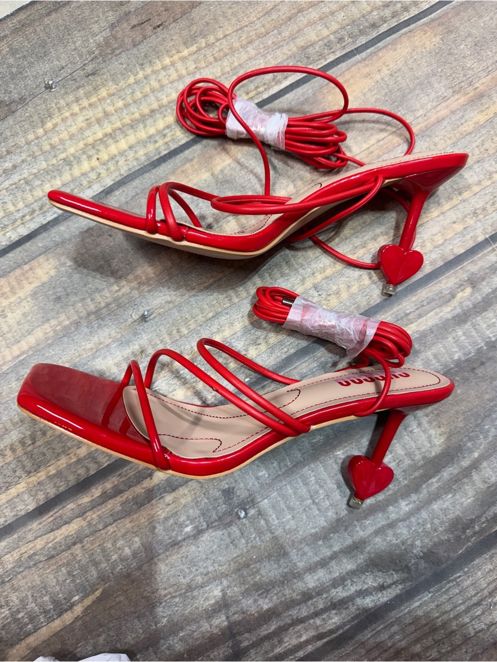 Red Heart-Heel Strappy Sandals with Wraparound Ankle Tie
